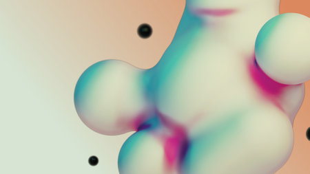 Liquid fluid dynamic abstract animated white metaball floating spheres blobs drops bubbles in transition deformation beige background with black little pearls 3d render for presentation business addsの写真素材
