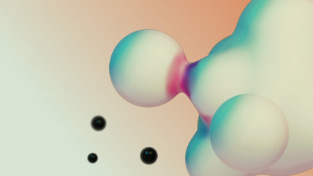 Liquid fluid dynamic abstract animated white metaball floating spheres blobs drops bubbles in transition deformation beige background with black little pearls 3d render for presentation business addsの写真素材