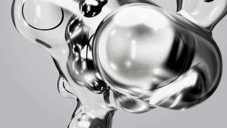 3d render motion design wallpaper animation business presentation monochrome grey white metaball gray liquid water soapy mercury bubble metasphere ball silver metal transition deformation metaverseの写真素材