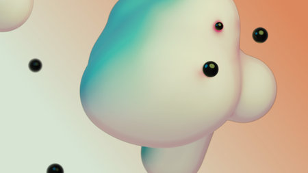 Liquid fluid dynamic abstract animated white metaball floating spheres blobs drops bubbles in transition deformation beige background with black little pearls 3d render for presentation business addsの写真素材