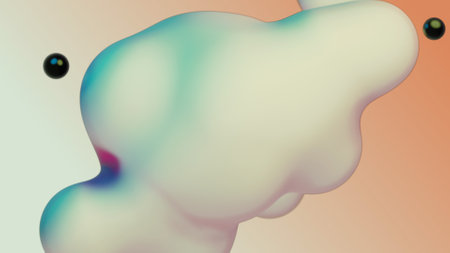 Liquid fluid dynamic abstract animated white metaball floating spheres blobs drops bubbles in transition deformation beige background with black little pearls 3d render for presentation business addsの写真素材