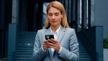 Young woman stand on downtown with phone in hands typing business email answering message in social media smiling businesswoman using mobile application for remote internet communication on smartphoneの写真素材