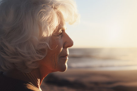 Elderly European Caucasian old woman retired female senior mature 60s lady dreaming pensive thinking contemplate looking on sunset on seashore golden hour beach seaside holiday summer vacation oceanの素材