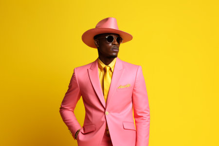 Handsome African American ethnic man wear luxury hat glasses guy male model in trendy fashionable pink suit businessman isolated on yellow studio wall background style fashion business shop discountの素材