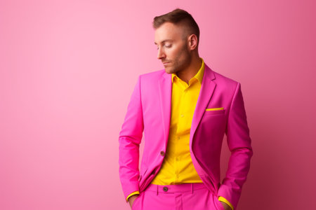 Confident handsome Caucasian stylish rich man professional guy male model in trendy yellow suit successful businessman CEO isolated against pink wall background backdrop style fashion business successの素材