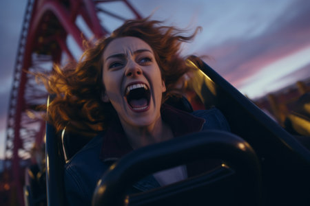 Stunned enthusiastic happy funny shocked amazed wonder screaming yelling girl scared afraid woman open mouth scream shout yell joyful riding rollercoaster amusement park amazing attraction fun holidayの素材