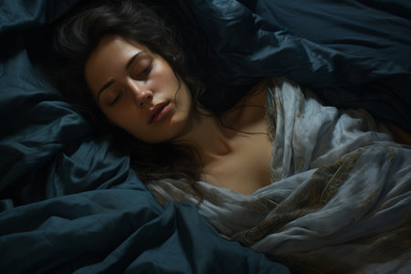 Young european girl sleeping laying night bedroom red dress relaxed woman dreaming during sleep dreams dark room relaxationの素材
