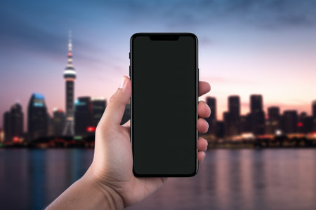 Closeup male hand unrecognizable business man holding smartphone city cityscape background downtown guy make photo photography mobile phone display touchscreen dark black screen copy space mock upの素材