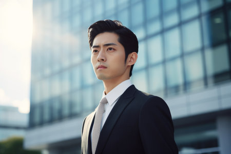 Masculine portrait serious thinking Japanese business man Asian worker top manager investor specialist male Chinese businessman in formal suit looking away think in city near high tech office buildingの素材