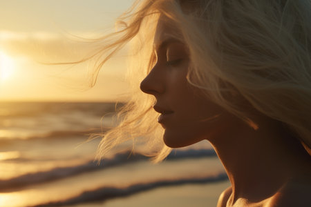 Young blonde european Caucasian girl dreaming pensive woman thoughtful lady calm peaceful female on seashore sunset golden hour beach seaside holiday summer vacation ocean waves relaxed contemplateの素材