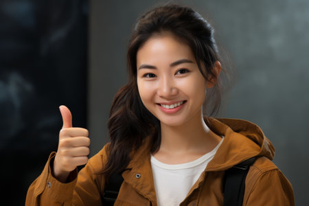 Happy excited Asian girl show thumbs up young smiling Japanese female Korean lady Chinese woman showing like approve recommend cool fine good idea emotion approved gesture agree hand sign agreementの素材