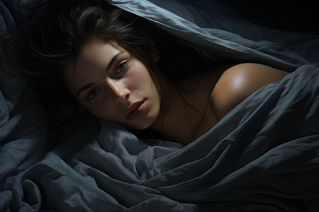 Young European woman Caucasian girl female awake in home bed laying at night in bedroom suffer with insomnia in dark room nightmare awakening after sleeping sleep disorder problem looking at cameraの素材