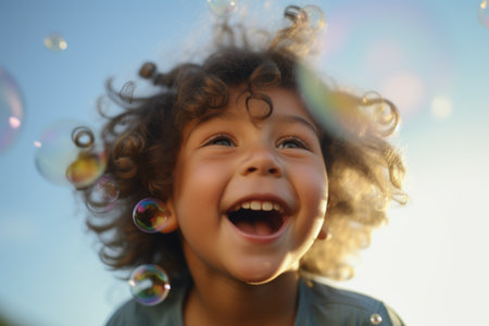 Joyful happy laughing Caucasian child son 5s kid boy children laugh excited smiling open mouth amazed enjoy playing with air soap bubbles having fun happiness childhood summer vacation family holidayの素材