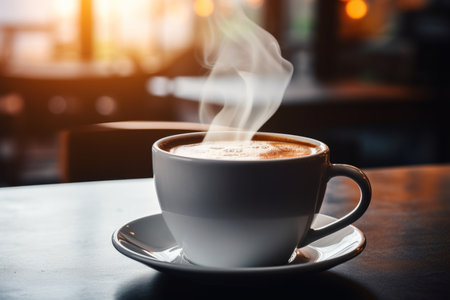 Close up mug with aromatic coffee white cup of hot aroma cappuccino espresso latte steam smoke on table morning breakfast drinking tasty drink cafeteria cafe restaurant caffeine beverage energy dinnerの素材