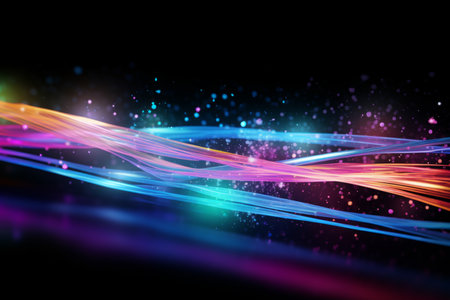 Colorful optic fiber electrical cables wires neon waves lines abstract 3d ai design background pattern glow colored streams information optical connection internet web multicolor data led technologyの素材