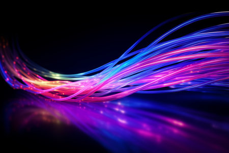 Colorful optic fiber electrical cables wires neon waves lines abstract 3d ai design background pattern glow colored streams information optical connection internet web multicolor data led technologyの素材