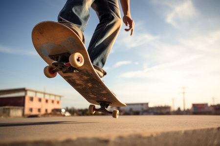Skateboarder skateboarders legs performing jumping trick young skater guy action freestyle skateboarding practice jump. Extreme sport, youth leisure, hobby training. Boy wearing fashion sneakersの素材