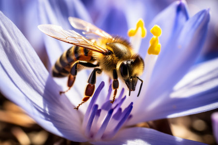 Bee wasp sitting on purple lilac beautiful flower collects nectar gathering organic honey vibrant colorful summer natural beauty wildlife rural nature plants sunny day hardworking insect field floraの素材