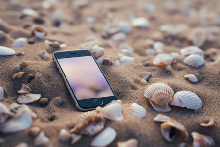 Smartphone lost mobile phone cellphone modern gadget lying sand beach tropical sunny white sandy seashore seashells natural beauty tranquil seaside ocean travel online service tourism website resortの素材