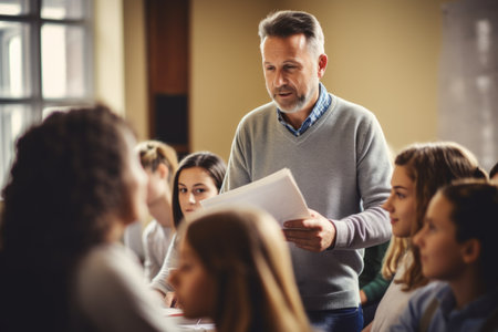 Educational lesson lecture academic presentation school university college class classroom man male teacher teach explain task to students education math science language study business presentationの素材