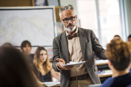 Educational lesson lecture academic presentation school university college class classroom man male teacher teach explain task to students education math science language study business presentationの素材