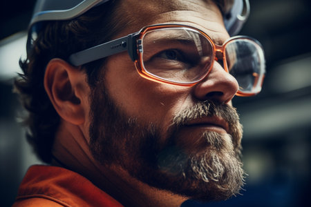 Focused worker man portret technological industrial complex factory production line workers face safety measures eyewear manufacturing mechanical scientific close-up employee enthusiasm concentrationの素材