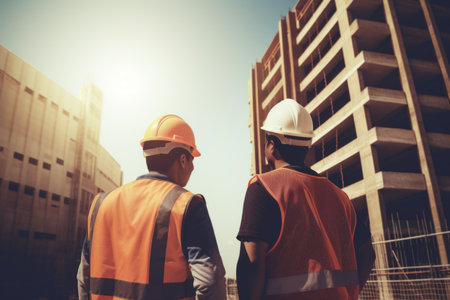 Two construction building men workers confidently inspect discuss engineering projects. Building construction company sites in front them builder safety measures helmets modern skyscraper buildingsの素材