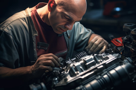 Focused automotive industry complex engines auto car factory production line repair shop workers man safety measures eyewear manufacturing mechanical scientific close-up shot employee concentrationの素材