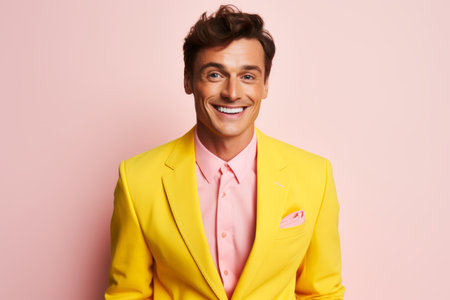 Confident handsome happy smiling Caucasian stylish man guy male model in trendy yellow suit businessman isolated on light pink studio wall background backdrop style fashion business smile store shopの素材