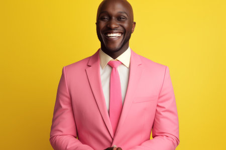 Happy smiling African American man guy male model in trendy fashionable pink suit tie smile toothy carefree cheerful businessman isolated on pink studio wall background style fashion business discountの素材