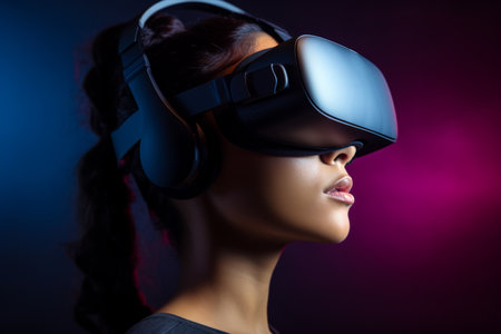 Woman girl gamer lady female computer technology VR headset 3d virtual reality goggles exploration metaverse modern advanced future progress cyber game experience gaming in neon ultraviolet backgroundの素材