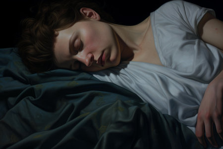 Young european girl sleeping laying night bedroom red dress relaxed woman dreaming during sleep dreams dark room relaxationの素材