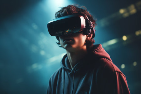 Man guy student user computer technology addict male wearing VR headset virtual reality goggles exploration metaverse modern advanced tech future progress playing cyber game experience gaming outdoorsの素材