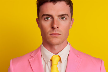 Confident handsome Caucasian stylish rich man professional guy male model in trendy pink suit successful businessman CEO isolated against yellow wall background backdrop style fashion business successの素材