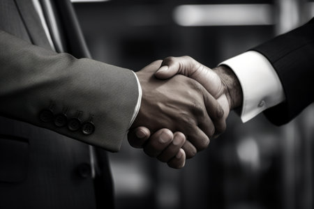 Two male hands palms business handshaking in office bank credit cooperation greeting gesture hands shake men handshake success agreement job hiring arms connection union partnership trust insuranceの素材