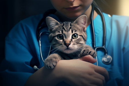 Unrecognizable professional veterinarian vet clinic professional doctor nurse medical veterinary worker girl female woman hold happy cute adorable healthy safe cat pet medical service clinic hospitalの素材