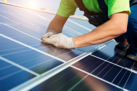 Engineer worker man employee technician inspects solar panels batteries. Advanced technological install panels green clear renewable ecological energy electricity production equipment safety helmetの素材