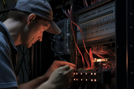 Serviceman engineer system administrator computer specialist man male guy electrician technician diagnoses revises inspecting server computer internet cloud development backend equipment cables wiresの素材