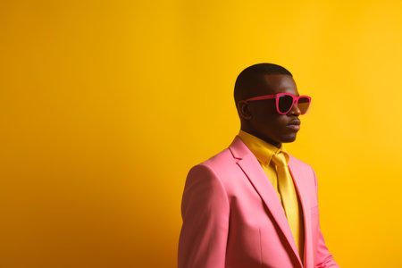 Handsome African American ethnic man in glasses guy male model in trendy fashionable pink suit businessman isolated on yellow studio wall background backdrop style fashion business store shop discountの素材