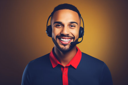 Smiling African American man guy assistant person office employee tech support manager help line consultant talking client consultation call center assistance assist job advisor in headset portraitの素材