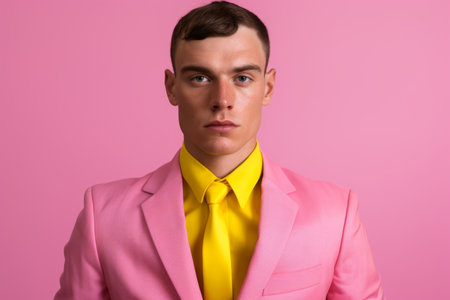 Confident handsome Caucasian stylish rich man professional guy male model in trendy pink suit successful businessman CEO isolated against yellow wall background backdrop style fashion business successの素材