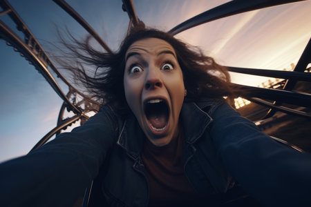 Stunned enthusiastic happy funny shocked amazed wonder screaming yelling girl scared afraid woman open mouth scream shout yell joyful riding rollercoaster amusement park amazing attraction fun holidayの素材