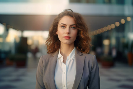 Portrait young beautiful Caucasian European modern worker girl manager business lady woman businesswoman standing outdoors in front of office marketing company bank building female employer internの素材