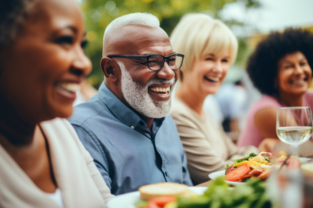 Happy middle-aged senior mature multi-ethnic interracial multiracial people friends celebration diverse men women group party smiling laughing friendship joy BBQ family diversity communication outdoorの素材
