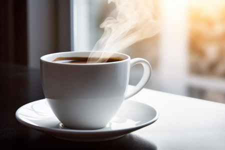 Close up mug with aromatic coffee white cup of hot aroma cappuccino espresso latte steam smoke on table morning breakfast drinking tasty drink cafeteria cafe restaurant caffeine beverage energy dinnerの素材