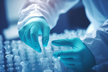 Scientist male female hands medical gloves nanotechnology conducting research fiber microbiology glass test tubes medicine healthcare pharma production lab laboratory science chemistry genetic genesの素材