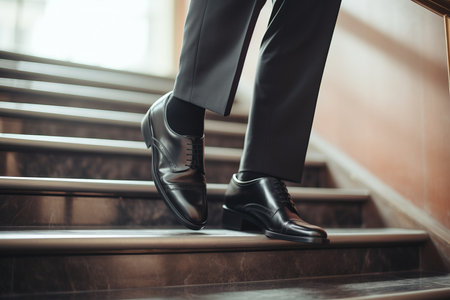 Man in patent leather shoes. Feet go down stairs. Successful person walking to business meeting. Businessman wearing comfortable suit black leather luxury shoes going downstairs legs stepping rushの素材