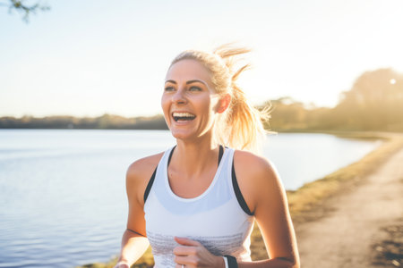 Person female european happy excited young blond girl woman walking running jogging run jog fit fitness sport sports activity sunset lake shore beach outdoors nature pink suit exercise health healthyの素材