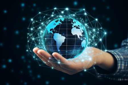 Hand hands holding earth planet hologram infographics ecology ai artificial intelligence cyberspace climate pollution protection nature care responsibility environmentalism technology modern solutionsの素材