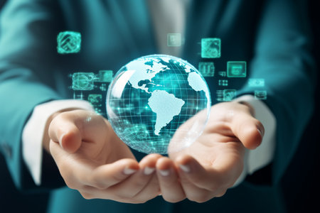 Hand hands holding earth planet hologram infographics ecology ai artificial intelligence cyberspace climate pollution protection nature care responsibility environmentalism technology modern solutionsの素材